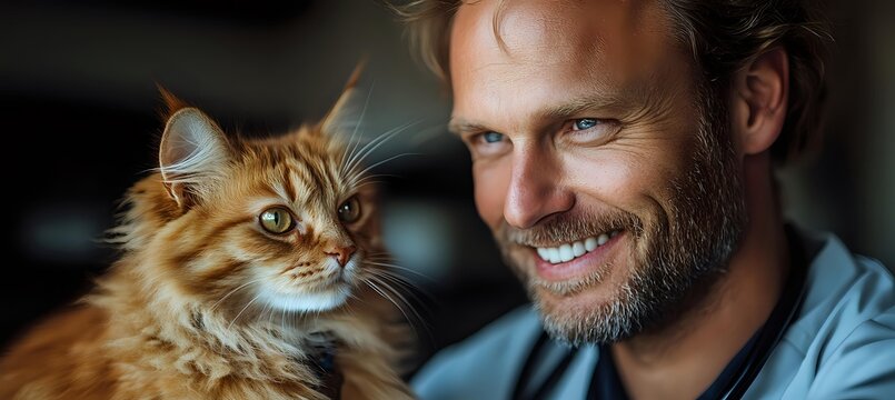 Smiling Caucasian man with beard holding ginger Maine Coon cat, showing bond between pet owner and animal companion.
