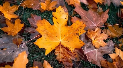 Fototapeta premium Vibrant yellow maple leaf stands out among fallen autumn foliage on green grass, showcasing seasonal change in nature.
