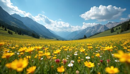 Fototapeta premium Vast meadow filled with yellow wildflowers stretches toward distant mountains under blue sky with fluffy clouds. Green grass slopes dotted with trees frame valley, showing nature beauty in springtime.