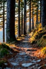 Fototapeta premium Sunlit forest path winding through tall pine trees with golden autumn light filtering through, creating a tranquil wilderness hiking trail.