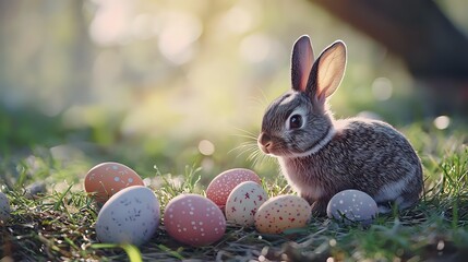 Gray bunny rabbit sitting in grass next to colorful Easter eggs with soft bokeh background, perfect for spring holiday designs.