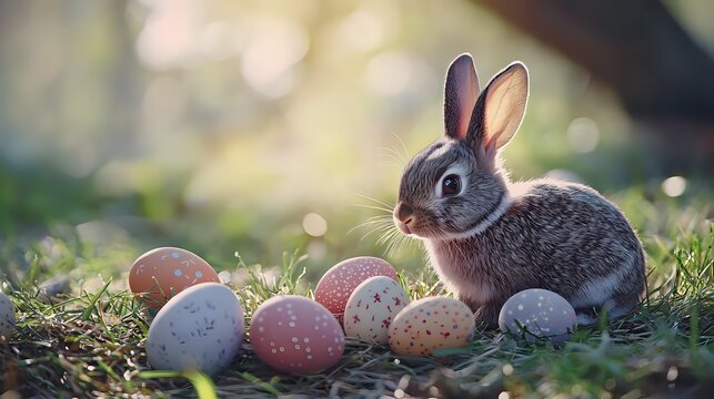 Gray bunny rabbit sitting in grass next to colorful Easter eggs with soft bokeh background, perfect for spring holiday designs. - Powered by Adobe