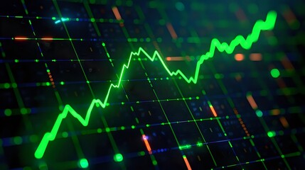 Naklejka premium Glowing green stock market chart showing upward trend against dark digital background with grid lines and data points.