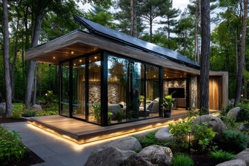 Modern eco-friendly cabin amidst a lush forest at dusk