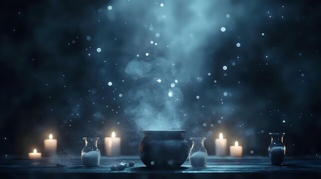Mystical cauldron with candles and potion bottles against dark starry background, creating magical atmosphere for fantasy or Halloween designs.