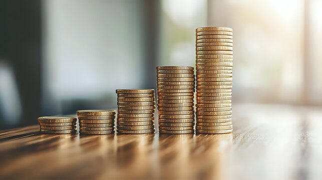 Stacked gold coins showing financial growth on wooden table with soft natural light, representing wealth accumulation and investment success.