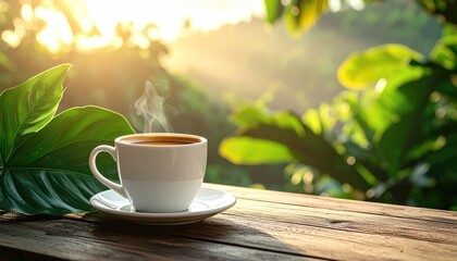 Steaming Cup of Coffee on Wooden Table with Lush Green Foliage and Golden Sunlight Rays in the Morning