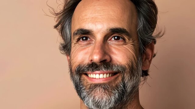 Portrait of Smiling Man: A close-up shot of a mature man with a warm smile and kind eyes, exuding a sense of contentment and approachable charm.