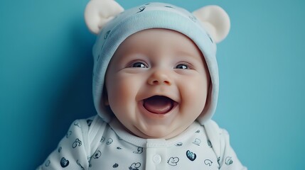 Joyful baby wearing cute blue bear hat with ears smiles brightly against turquoise background, showcasing innocent happiness in infant portrait.