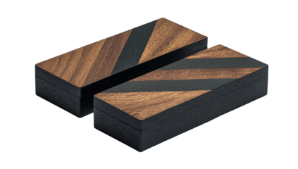 Two wooden boxes, dark stripes, angled, elegant design
