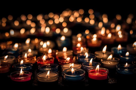 Colorful tea light candles burning in darkness creating warm atmospheric glow for meditation, prayer, or memorial ceremony. - Powered by Adobe