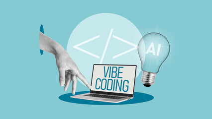 Vibe coding as AI programming and new information technology concept are shown by photo collage with photos of the hand and laptop