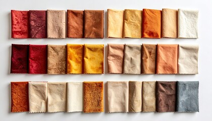 Top Down View of Assorted Textured Fabric Swatches in Rows on a White Background With Soft Shadows