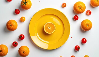 Top Down View of Oranges and Cherry Tomatoes Arranged Around a Yellow Plate with a Sliced Orange in the Center on a White Backdrop