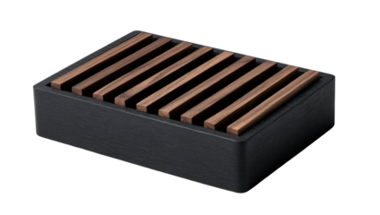 Wood slat soap dish. Dark wood base. Elevated, rustic