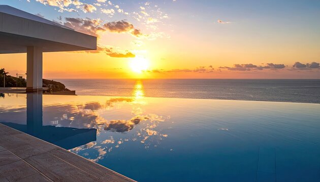 Tranquil Tropical Sunset Over Calm Ocean Reflecting Fiery Sky in Infinity Pool Edge Architecture With White Canopy and Clouds During Golden Hour