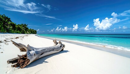 Tropical Beach Landscape With White Sand Turquoise Water Palm Trees And Driftwood During Golden Hour