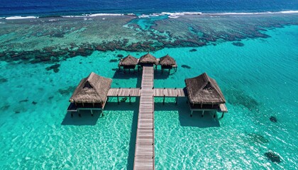 Tropical Beach Overwater Bungalows At Sunset With Orange Pink Sky Clear Turquoise Water Reflection And Wooden Pier Aerial View