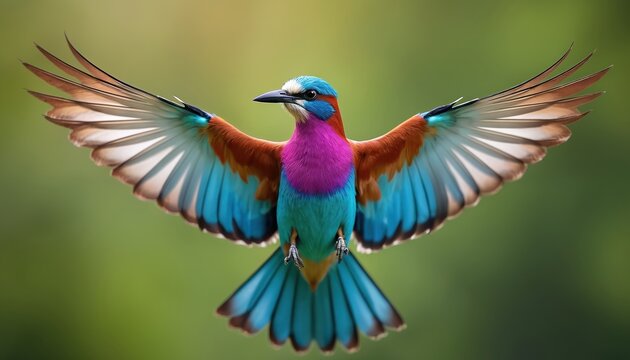 Colorful lilac breasted roller bird spreads wings wide, flying in nature over blurred green background. Wild exotic avian moves with vibrant feathers. Beautiful creature in full flight, natural