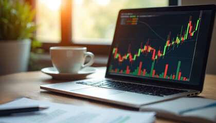 Laptop screen shows stock market data charts with red, green candles. Coffee cup sits beside computer on wooden desk. Papers, pen ready for work. Financial analysis, online trading, investment,