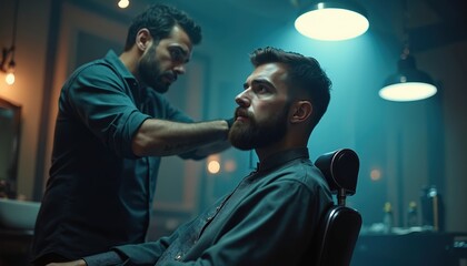 Barber trims clients beard with precision in stylish modern barbershop. Serious man sits in chair, receiving pro grooming service. Male care happens in salon, under blue light ambiance. Hairdresser