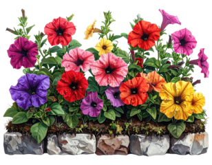 Colorful petunias bloom above a brick-like border