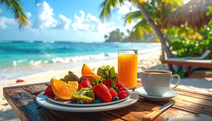 Tropical Fruit Platter and Coffee on Beach Table Overlooking Ocean and Palm Trees Under Bright Sunlight