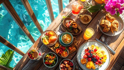 Tropical Forest Meets Ocean Shore Elevated View Golden Hour Sunlight Illuminating Delicious Breakfast Spread Wooden Deck overlooking Blue Water Vibrant Fruits and Pastries