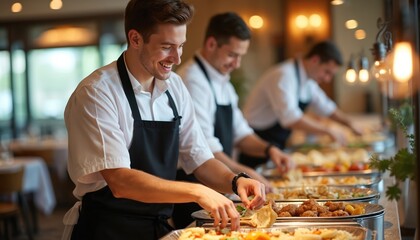 Restaurant staff in uniform arrange food on serving trays for a buffet. Chefs and waiters prepare meals in a commercial kitchen, offering catering service. Teamwork in culinary arts.