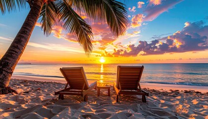 Tropical Island Beach Sunrise With Palm Tree Two Lounge Chairs and Calm Ocean Waters Reflecting Golden Sunlight and Colorful Clouds