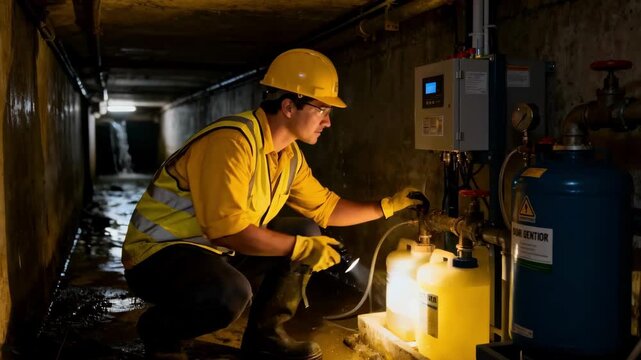 Maintenance worker inspecting odor control equipment in underground sewers ensuring proper function of chemical and biological neutralizers.