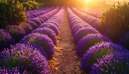 Rows of Vibrant Purple Lavender Flowers Under Warm Golden Sunlight in a Field With Green Foliage on the Sides