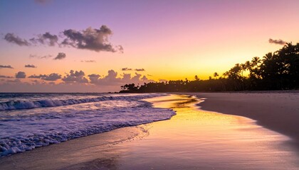 Scenic coastal beach at twilight with soft orange and pink gradient sky above calm sea reflecting on wet sand with gentle waves and silhouetted palm trees in background