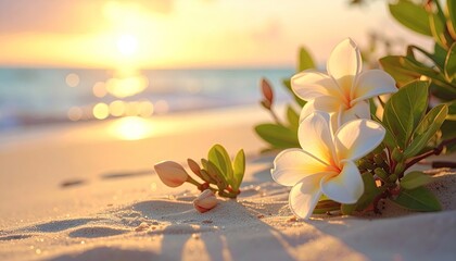 Tropical Beach Paradise At Sunset With White Frangipani Flowers And Ocean Waves