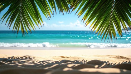 Tropical Beach Paradise With Palm Leaves Framing Sandy Shore Turquoise Ocean and Bright Sunny Sky in Golden Hour