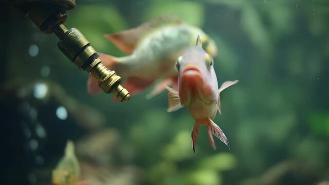 Medium shot of an automated feeding device inside a large fish tank delivering precise food quantities to maintain optimal water quality and fish health