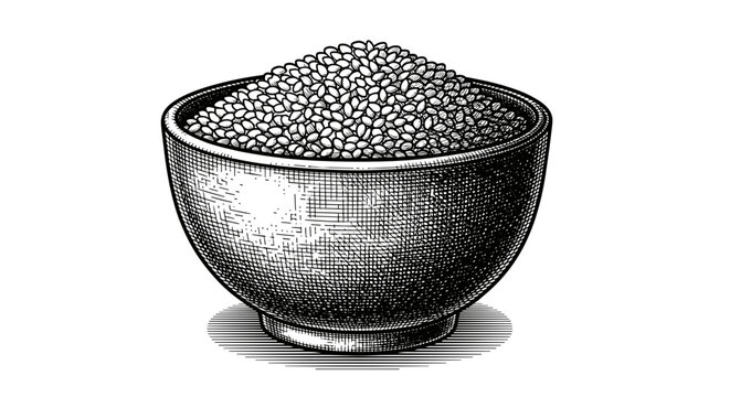 Engraved vector of sesame seeds bowl for Pongal recipe blog or organic product packaging