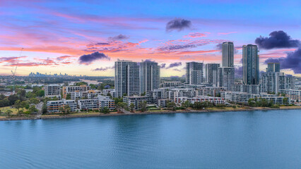 Obraz premium Wentworth Point a suburb in western Sydney newly built residential high rise apartments area on Parramatta River Sydney NSW Australia