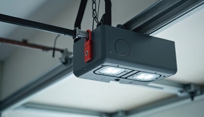 Modern garage door opener unit installed on track with integrated LED lights. Device safety lock feature, operates automatically. System provides home security, convenience for residential garages.