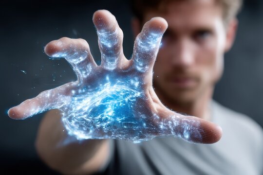 Young man using futuristic technology to create a holographic effect with his hand