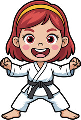 martial arts, child, girl, karate, taekwondo, judo, black belt, uniform, gi, stance, punch, discipline, strength, confidence, sport, training, illustration, vector, design, icon