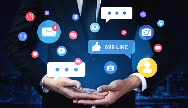 Multiple social media icons, likes, messages, and notifications representing online interaction, engagement, and digital communication Parse