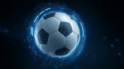 Digital analytics interface overlay on a soccer ball demonstrating data visualization technology