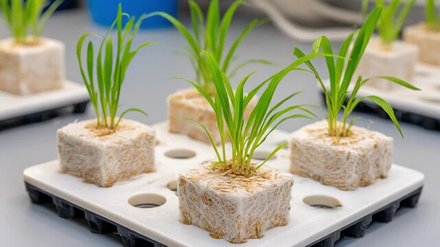 Medium shot of oats growing in a hydroponic fodder system focusing on vibrant young plants thriving without soil.
