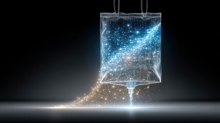 Abstract IV Drip Bag with Glowing Particles and Light.