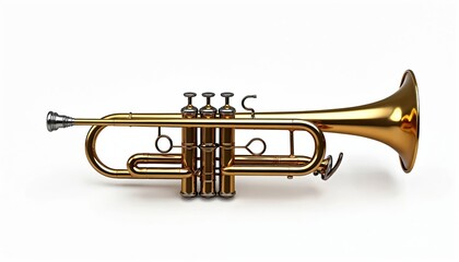 Fototapeta premium Shiny golden brass trumpet isolated on white background. This musical instrument features valves and a bell. Ideal for jazz music promotion or classical music art.
