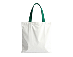 White tote bag w/ green straps on dark background