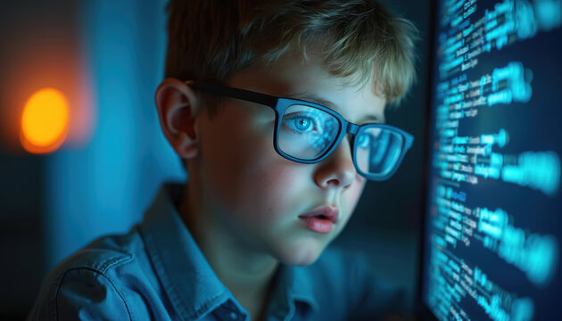 Young boy with glasses intensely studies digital code on computer screen. Child learns programming, information tech. Focuses on cyber security, future AI skills development, tech education for youth.