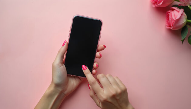 Woman hand holding smartphone on pink background with pink roses. Female finger touches black screen. Device ready for apps, content, or text. Copy space available. - Powered by Adobe