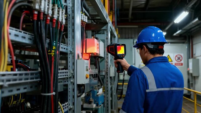 Engineer using handheld thermal imaging camera to detect heat anomalies on cable insulation in a factory environment.